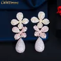 CWWZircons Multi Tone Gold Color Cubic Zirconia Statement Luxury Long Leaf Drop Earrings for Wedding