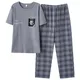 New Summer Fashion Men's Sleepwear Soft Cotton Pajamas Set for Gentleman Round Collar Grey Plain
