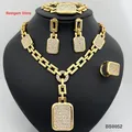 Dubai Gold Plated Jewelry Set Square Pendant Necklace Earrings Ring Bracelet For Women Bride Wedding