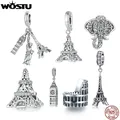 WOSTU Retro 925 Sterling Silver Travel World Eiffel Tower Charms Big Ben Pendant Vintage Elephant