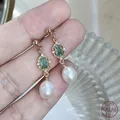 925 Sterling Silver Palace Style Emerald Crystal Earrings Women Simple Pearl Tassel High-end