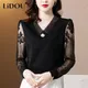 Office Lady Grace V-neck Beaded Shirt Lace Hook Flower Splice Mesh Long Sleeve Spring Blouses Women