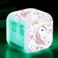 Children's Unicorn Alarm Clock Cartoon 7 Led Night Light Desk Clocks Date Temperature despertador