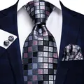 Hi-Tie Designer Grey Plaid Novelty Silk Wedding Tie For Men Handky Cufflink Gift Mens Necktie