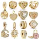 Gold Plated Sparkling Leveled Hearts Square Halo Family Tree Dangle Charm Jewelry Beads Fit Original