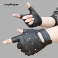 Longkeeper Men Genuine Leather Gloves Sport Driving Slip-resistant Luvas Half Finger Sheep Leather