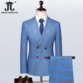 S-5XL Blazer Vest Pants Luxury High-end Brand Men's Slim Formal Business Blue Plaid Suit 3piece