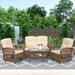 W WARMHOL 4 Pieces Outdoor Furniture All Weather Wicker Patio Conversation Cushioned Sofa Set with Glider Loveseat/2 Rocking Glider Chairs/Matching Glass Coffee Table for Garden Poolside Backyard
