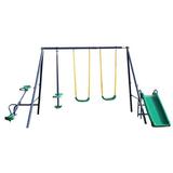 Gzxs Metal A-Frame Kids Swing Set with 7 Child Capacity Outdoor Backyard Home Playground with Glider Slide Teeter-Totter and 2 Swings (Blue)