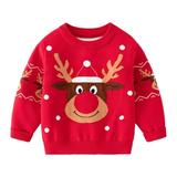 Toddler Boys Knit Sweater Girls Pullover Sweatshirt Kids Long Sleeve Crew Neck Christmas Elk Printed Tops Winter Spring Fall Clothes 24 Months-9 Years