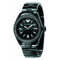 Emporio Armani Ladies Round Case with Glass Crystal Stones Black Dial Black IP Bracelet Watch