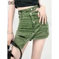 DEAT Fashion Women's Skirt High Waist Patchwork Irregular Mini Above Knee Tie-dyed Green Denim