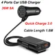 36W Quick FAST 3.0 USB DC 5V/2.4A/ 9V/1.8A 12V/1.8A Car Charger 1.8M Extension Cord Cable For mobile