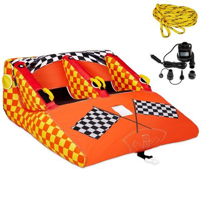 Sunny & Fun Towable Water Tube, 2 Person Boat Tube with Air Pump & Tow Rope Included, Red