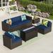 MF Studio 7 PCS Outdoor Patio Furniture Set with Fire Pit Table Wicker Patio Conversation Set for 5 Person Navy Blue