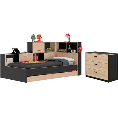 Jugendzimmer-Set GAMI "Erwan", schwarz (kastanie natur, schwarz), B:120cm H:104cm T:221cm, Spanplatte, Schlafzimmermöbel-Sets, Ideal für Kinder- und Jugendzimmer