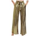 RYRJJ On Clearance Women s Shiny Pants Casual Straight Wide Leg High Waist Loose Casual Pants Jogging Dance Stage Nightclub Dressy Pants(Gold S)