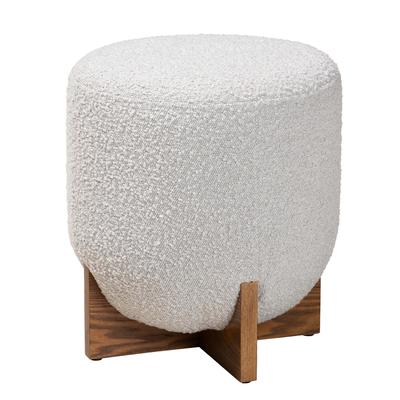 Fisk Japandi Cream Boucle Fabric and Walnut Brown Finished Wood Ottoman Footstool