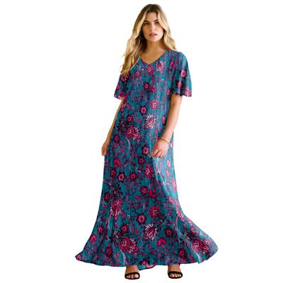 Plus Size Women's Flutter-Sleeve Crinkle Dress by Roaman's in Teal Flowy Batik (Size 18/20)