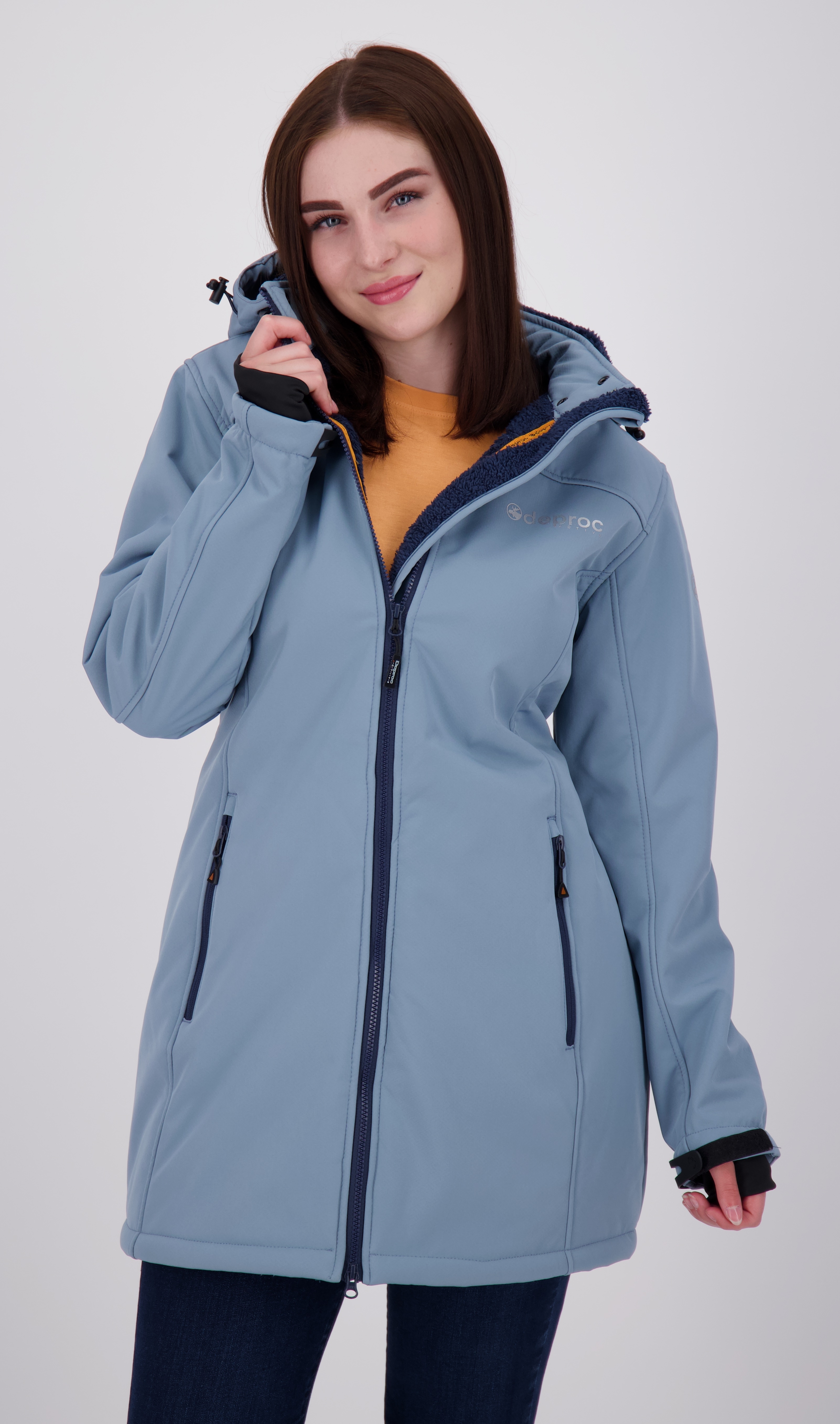 Softshellmantel DEPROC ACTIVE "KEELE PEAK II WOMEN", Damen, Gr. 50 (XL), blau (citadel), 96% Polyester; 4% Elastan, Windstopperbündchen mit Daumenlöchern,mit Schneefang,mit verstellbarem Klettverschluss, Mäntel, auch in Großen Größen erhältlich