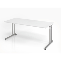 PROREGAL Schreibtisch Nilo | Weiß | Silber Gestell | BxT 180x80cm | Arbeitshöhe 68-82cm | höhenjustierbar, 1cm Raster | C-Fuß-Gestell | Bürotisch Image