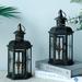 JHY DESIGN Set Of 2 Decorative Lanterns -10 Inch High Vintage Style Hanging Lantern Metal Candleholder w/ Gold Brush Glass/Metal in Black | Wayfair
