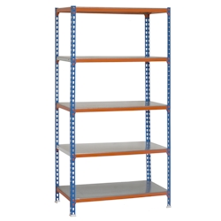 SimonRack Metall-Steckregal Simonclick plus Simonclick 5 Fachböden mit 180 kg pro Ebene in BLAU/ORANGE/VERZINKT 1800x900x300 mm (Höhe x Länge x Breite) Image