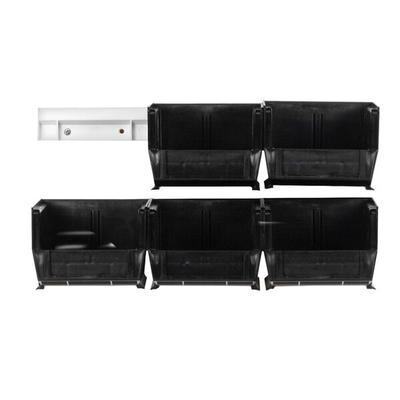 Quantum Hang-N-Stack 12" White Plastic Wall-Mount Storage Rails with (6) 7 3/8" x 4 1/8" x 3" Black Bins HNS220BK