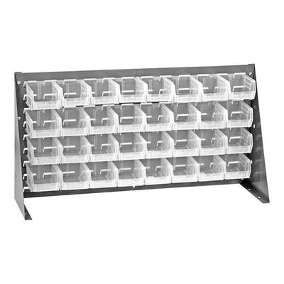 Quantum 36" x 19" Gray Steel Bench Rack with (32) 5 3/8" x 4 1/8" x 3" Clear Bins QBR-3619-210-32CL