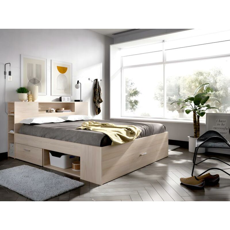 Bett mit Stauraum & Schubladen – 140 x 190 cm – Naturfarben – leandre – Naturfarben hell