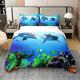 Dolphin Bedding 100% Cotton Ocean Marine Themed 100% Cotton Duvet Cover for Kids Sea Creatures Breathable Hawaiian Sealife Blue Duvet Set Sea Animal Print Room Decor Quilt Cover Double Size Zipper