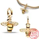 Romantic 925 Sterling Silver 14K Gold Sparkling Bee Dangle Charm Fit Pandora Bracelet & Necklace DIY