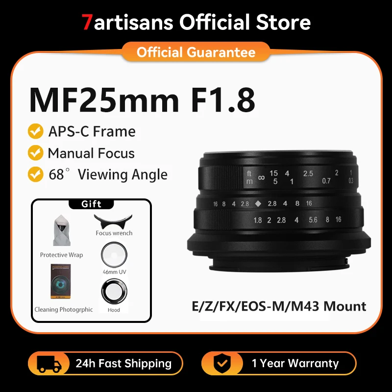 7artisans 25mm F1.8 APS-C Large Aperture Manual Prime Lens For Nikon Z Z50/ZFC Sony E ZEV10 A6400 Fujifx X-T1 X-T4 Micro4/3 E-P1