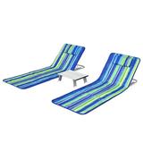 Gymax 3PCS Folding Beach Mat Set Adjustable Beach Lounge Chair & Side Table Set Stripe