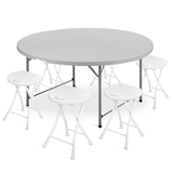MoNiBloom 7 Pieces 5 FT Folding Grey Round Table and Chair Set Indoor Outdoor Party Desk and Foldable White Steel Stools