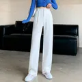 Pantalon taille haute à jambes larges pour femme coupe droite longueur au sol blanc bureau