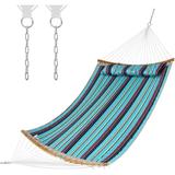 Hammock With Detachable Pillow Outdoor Hanging Chair Patio Hammock W/Curved Bamboo Spreader Bar Steel Chain Hammock Swing For Backyard Beach Garden(Hammock Stand Not Included) (Blue)