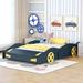 Full Size Wooden Race Car-Shaped Platform Bed with Wheels and Storage, Black+Yellow