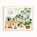 Plant Balcony Art Print, Botanical Gouache Illustration, Dog & Plants, Summer Garden Art, Potted Plants Print