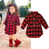 IZhansean Toddler Baby Girls Christmas Dress Fall Cotton Long Sleeve Dress Plaid Button Down Skirt with Belt Red 1-2 Years