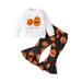 Toddler Girls Fall Outfits Letter Pumpkin Print Crew Neck Long Sleeve Sweatshirts Flare Pants 2Pcs Halloween Clothes Set