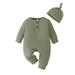 Qtinghua 2Pcs Newborn Infant Baby Girl Boy Fall Outfits Long Sleeve Romper Button Up Jumpsuit with Hat Clothes Light Green 6-9 Months