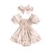 Binwwede Baby Girls Romper Puff Sleeve Off-shoulder Pleated Flower Print A-line Dress with Bowknot Headband