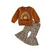 DcoolMoogl Toddler Baby Girl Halloween Outfit Rainbow Pumpkin Long Sleeve Sweatshirt Tops Leopard Flared Pants Fall Clothes Set Brown 2-3 Years