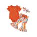 IZhansean Newborn Baby Girls Summer Clothes Short Sleeve Ribbed Romper+Floral Flared Pants+Headband Set Orange 6-12 Months