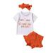 Clothes For Baby Toddler Girls Outfit Kids Outfit Pumpkin Letters Prints Top Shorts Hairband 3Pcs Set Outfits For 9-12 Months