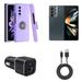 Accessories Bundle for Samsung Galaxy Z Fold 4 5G - Magnetic Ring Holder Shockproof Case (Light Purple) Camera Glass Protector 30W Dual (USB-C USB-A) Car Charger Type-C to USB Cable