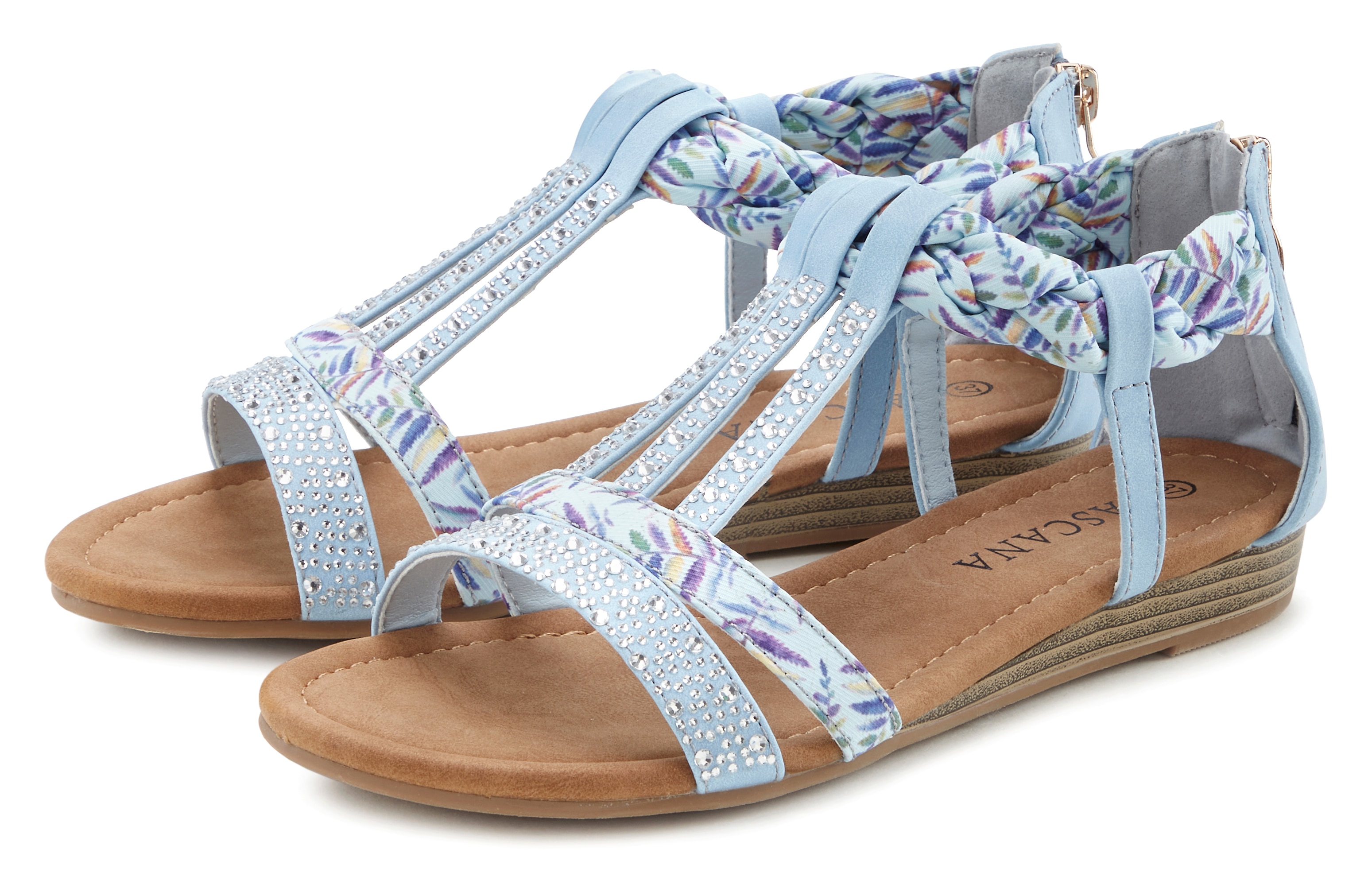 Sandale LASCANA "Sommerschuh, Sandalette", Damen, Gr. 41, blau (hellblau), Obermaterial: 50% Lederimitat, 50% Textilmaterial. Decksohle: 100% Lederimitat. Futter: 100% Lederimitat. Laufsohle: 100% Synthetik, bedruckt, Schuhe Sandalette, mit...