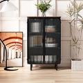 17 Stories Johnmark Buffet Sideboard w/ 2 Glass Doors, Storage Cabinet w/ 3 Layer Shelf & Solid Wood Tabletop Wood in Black/Brown | Wayfair