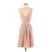 Club Monaco Cocktail Dress - A-Line Plunge Sleeveless: Tan Print Dresses - Women's Size 2